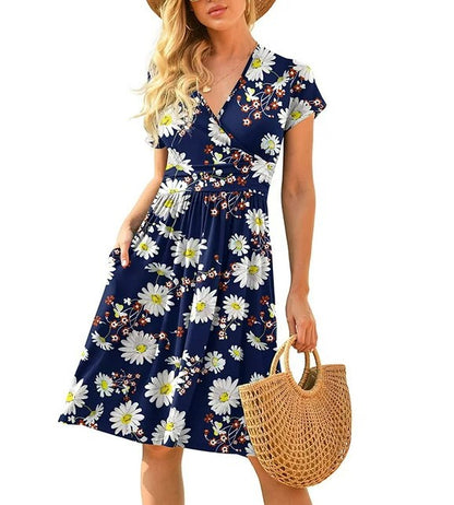 Women's Printed Midi Dress – High Waist, V-Neck & Pocket | S–3XL