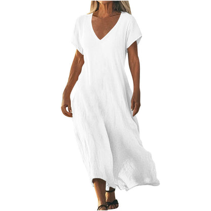 Women's Cotton Linen V-Neck Midi Dress