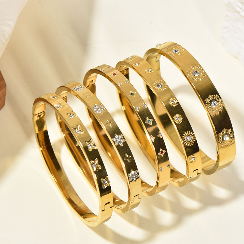 Sunflower Crystal Cuff Bracelet | Vintage Gold Titanium Steel Bangle
