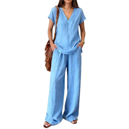 Women's V-Neck Short Sleeve Top and Wide-Leg Pants Co-ord Set