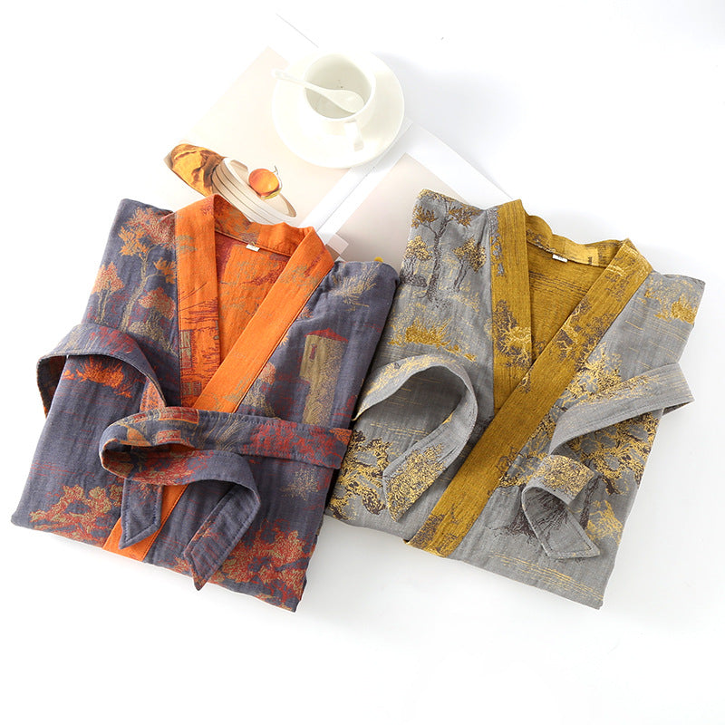 Pure Cotton Jacquard Nightgown with Belt | Oriental Style Robe