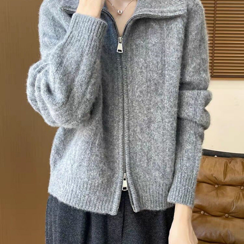Women's Twist-Open Cardigan with Double Zip and Lapel Collar