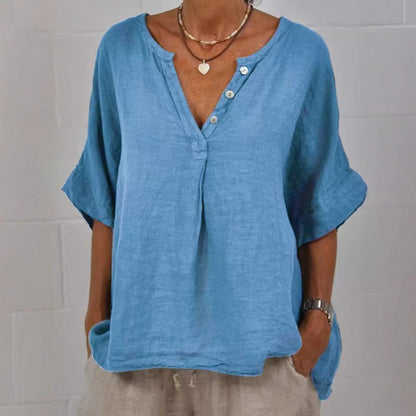 Women's Cotton-Linen V-Neck Button-Up Shirt | Relaxed Fit Casual Top