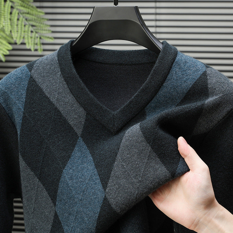 Men's Jacquard Knit V-Neck Sweater – Slim Fit Wool Pullover | 3 Colours | Sizes M–4XL