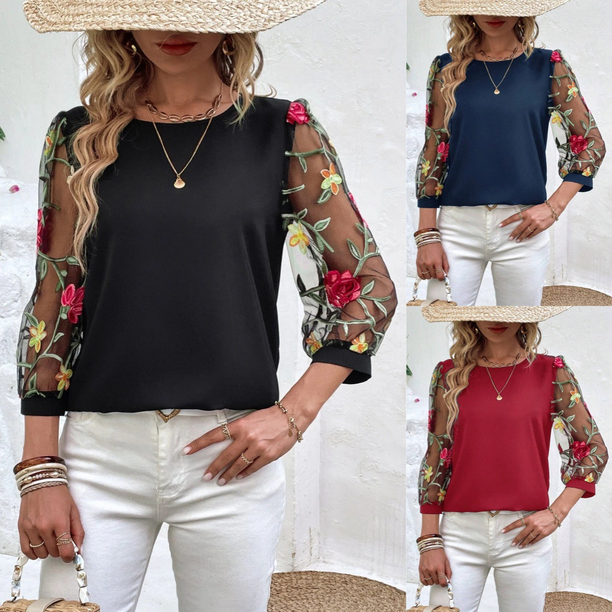 Women's Mesh Patchwork Three-Quarter Sleeve Top | Casual Commuter Polyester Shirt