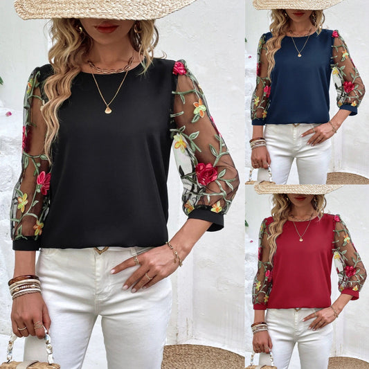 Women's Mesh Patchwork Three-Quarter Sleeve Top | Casual Commuter Polyester Shirt
