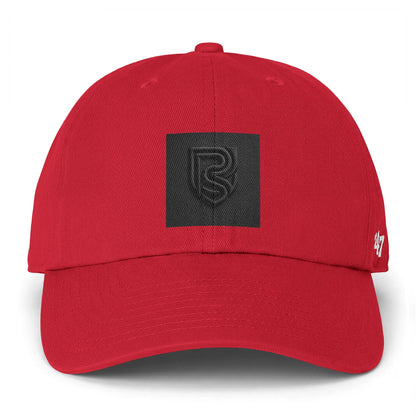 Red cap with a black logo on a white background