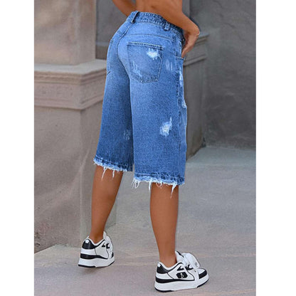 Women's Ripped Raw-Edge Denim Shorts - Blue, S-2XL
