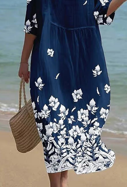 Women's Casual Round Neck Mid Sleeve Printed Dress | Blue