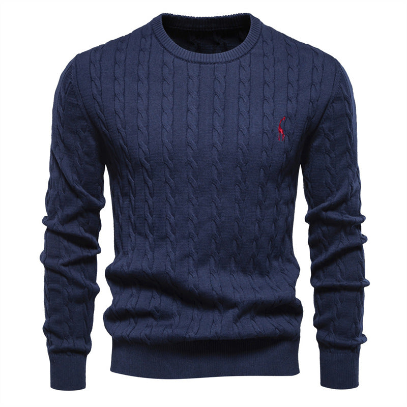 Men's Deer Embroidered Cotton Pullover Sweater | Autumn Casual Knitwear
