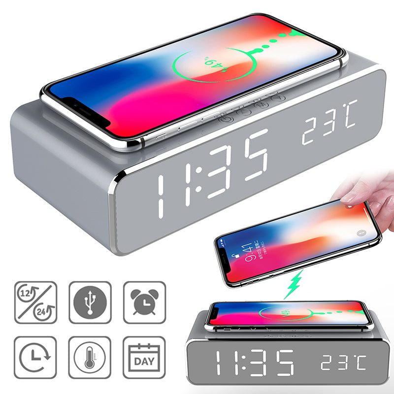 LED Digital Alarm Clock with Wireless Charger | Desktop Clock with Thermometer