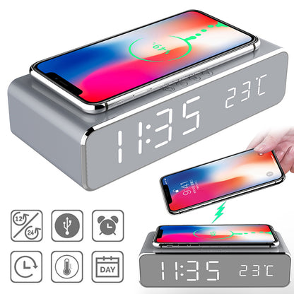 LED Digital Alarm Clock with Wireless Charger | Desktop Clock with Thermometer