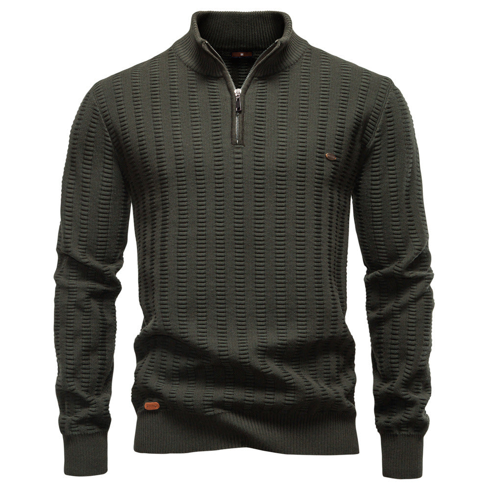 Men's Striped Jacquard Half-Zip Sweater | Stand Collar