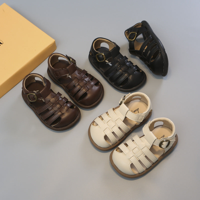 Girls' Woven Roman Shoes – PU Leather Velcro Toddler Flats