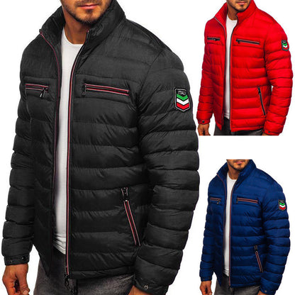 Men's Stand Collar Zip-Up Padded Jacket | Black, Blue & Red | S to 3XL