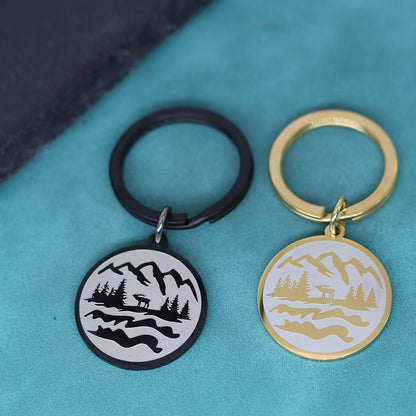 Mountain Carved Stainless Steel Keyring | Gold & Black
