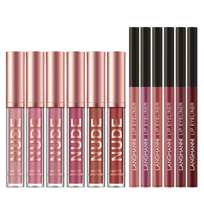 12-Piece Matte Lipstick & Lip Liner Set – 6 Lipsticks + 6 Liners, Kiss-Proof