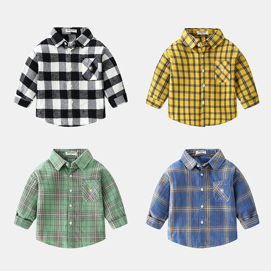 Boys' Long Sleeve Plaid Lapel Shirt | 100% Cotton, Smart Casual