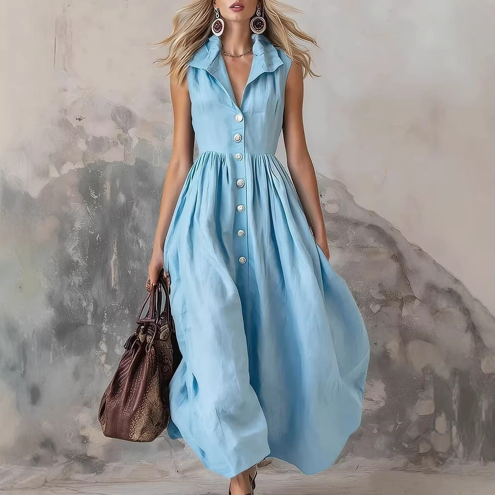 Women's Slim Fit Lapel Maxi Dress | Solid Colour