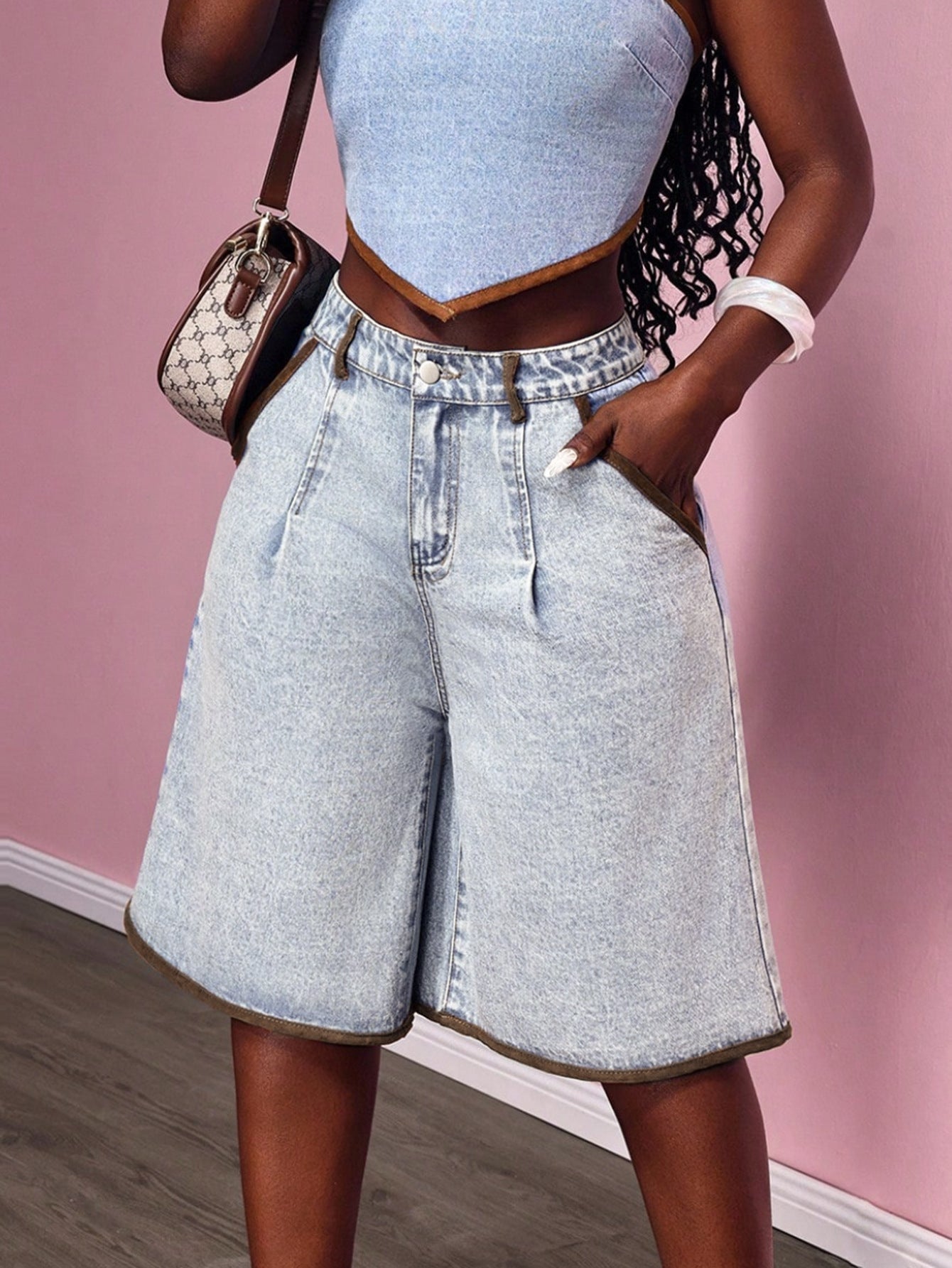 Women's Contrast Wide-Leg Cropped Jeans - Blue, S-XL