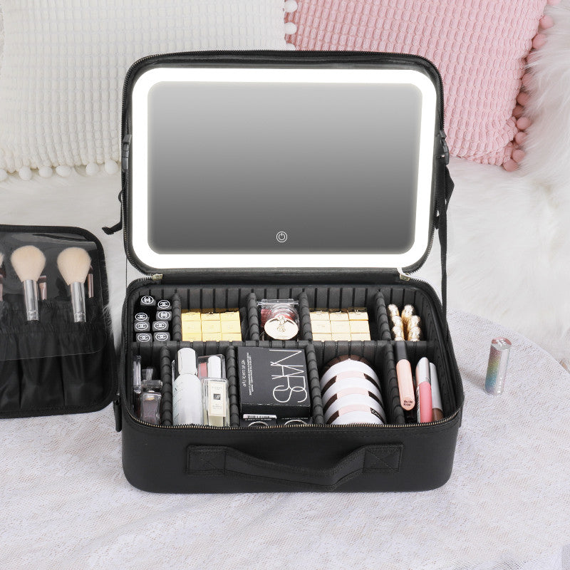 LED Cosmetic Case with Lighted Mirror — Large Capacity PU Leather Makeup Bag, 12" & 16"