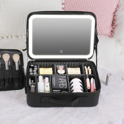 LED Cosmetic Case with Lighted Mirror — Large Capacity PU Leather Makeup Bag, 12" & 16"