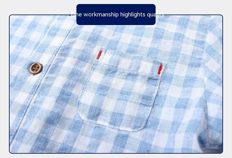 Boys' Cotton Plaid Short Sleeve Shirt | Blue & Grey Check