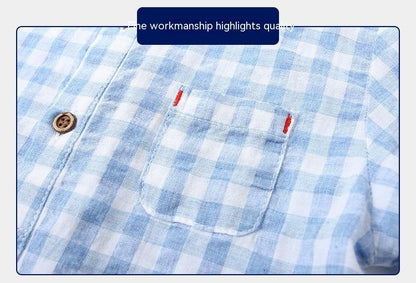 Boys' Cotton Plaid Short Sleeve Shirt | Blue & Grey Check