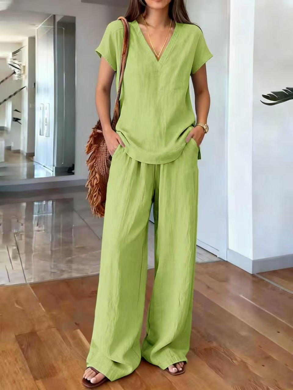 Women's V-Neck Short Sleeve Top and Wide-Leg Pants Co-ord Set