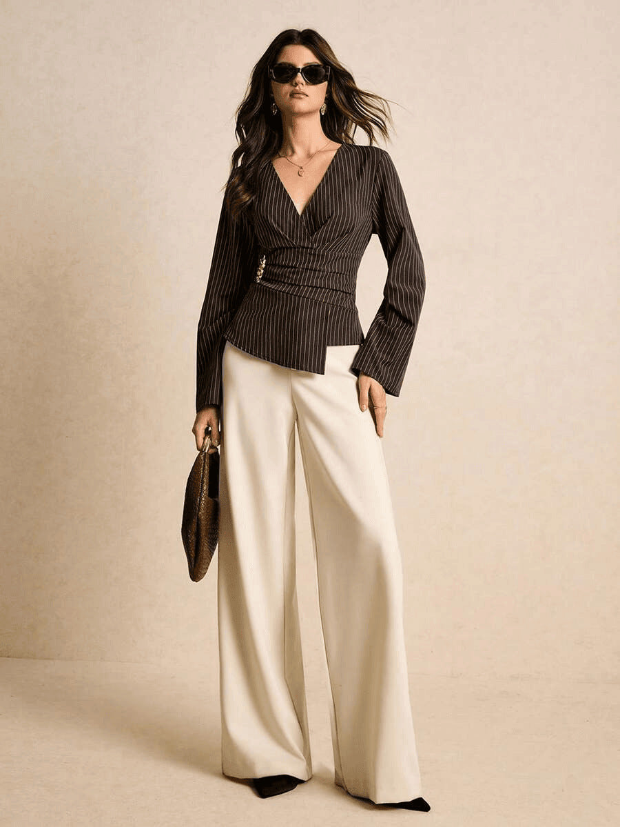 Women's Elegant Striped Stand Collar Shirt | V-Neck Metallic Accent Commuter Blouse