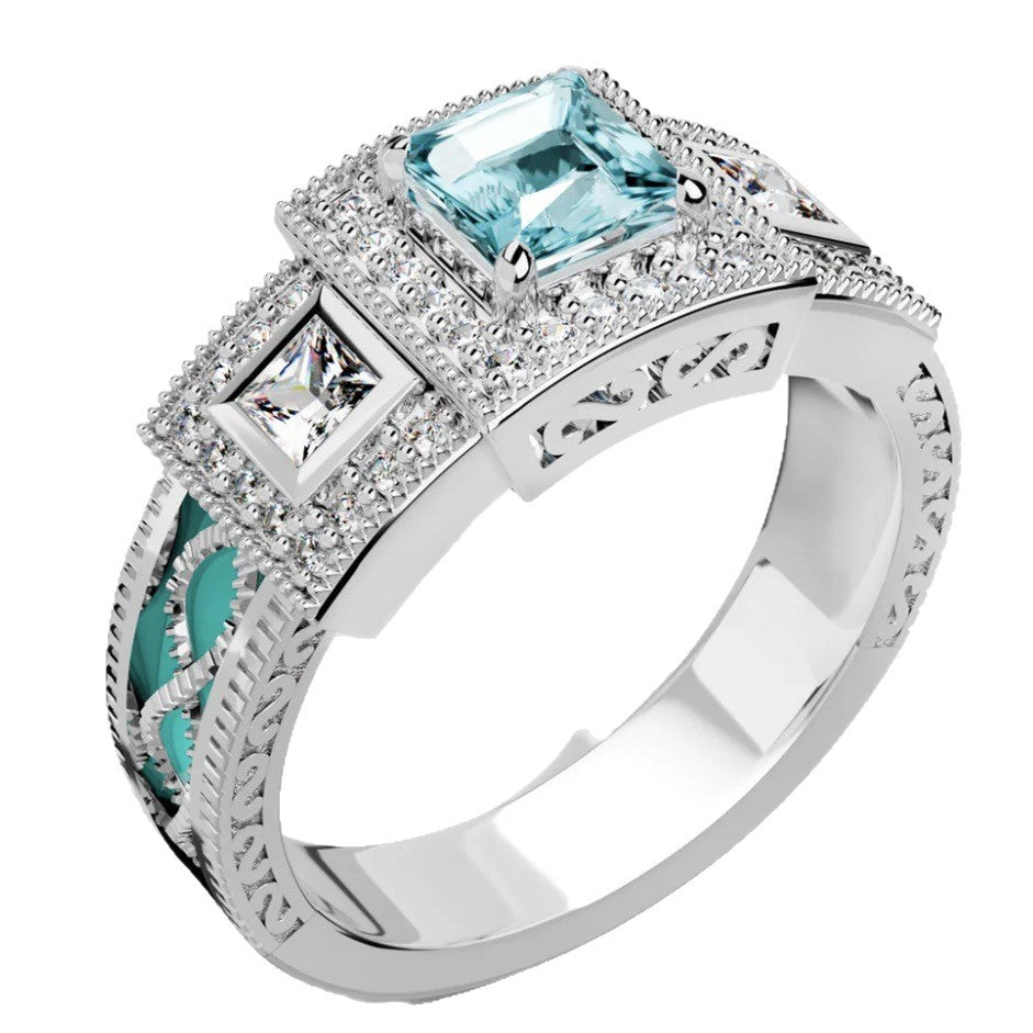 Aquamarine Zircon Oil-Drop Ring | Floral Alloy Ring for Women