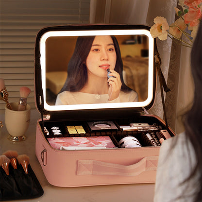 LED Cosmetic Case with Lighted Mirror — Large Capacity PU Leather Makeup Bag, 12" & 16"