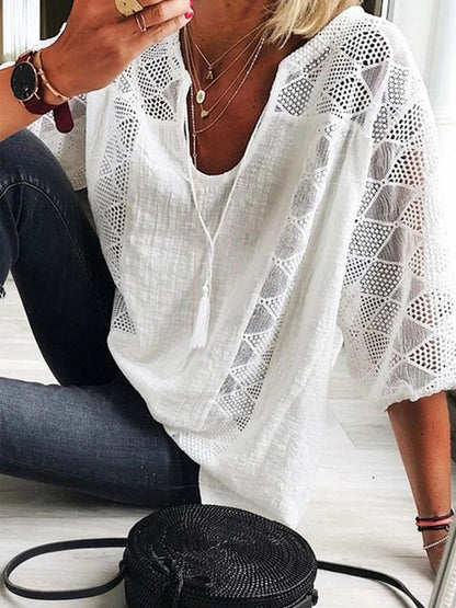 Women's Lace-Stitching U-Neck Three-Quarter Sleeve Top