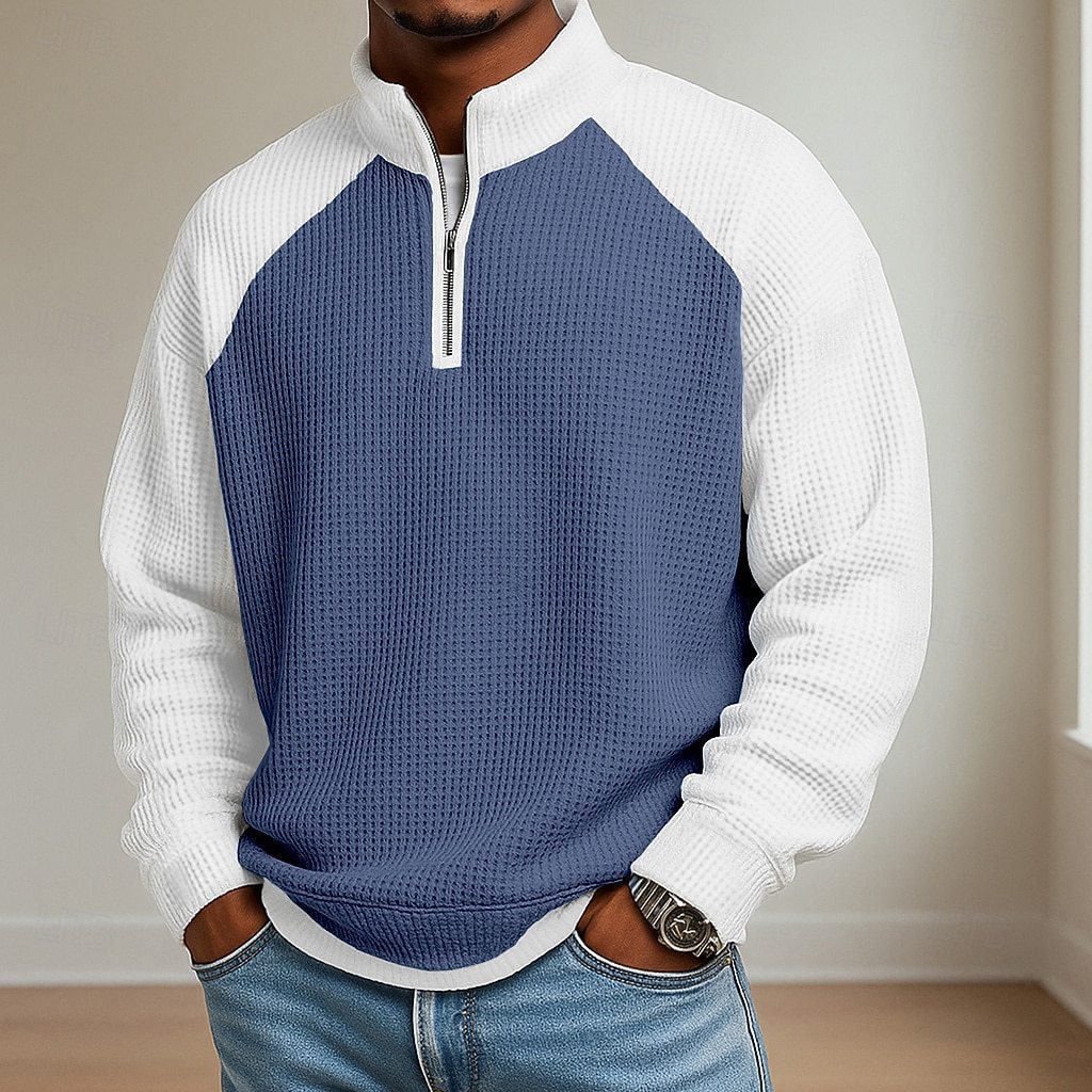 Men's Waffle Knit Long Sleeve Polo Shirt – Colour Block | 6 Colours | Sizes S–5XL