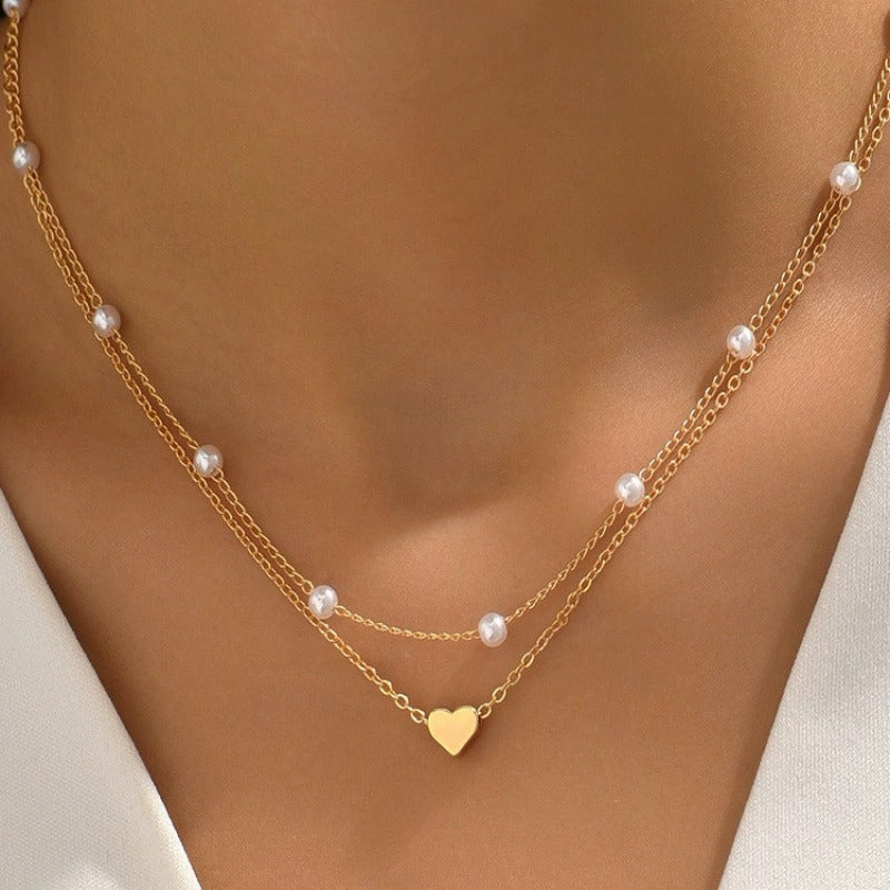 Pearl Heart Double-Layer Necklace | Light Luxury Alloy Pendant Necklace