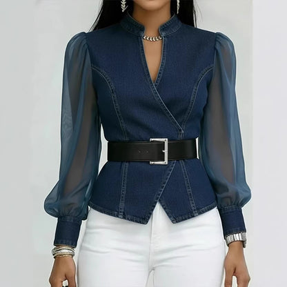 Women's Denim-Print Knitted Long-Sleeve Pullover Top