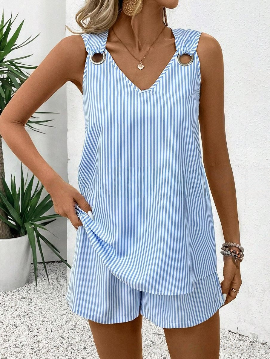 Women's Striped V-Neck Eyelet Two-Piece Set — Top & Shorts