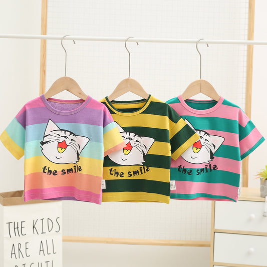 Girls Korean Style Striped Cotton Short Sleeve T-Shirt – 3 Colours