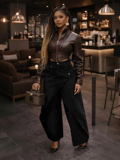 Women's Retro High-Waist Wide-Leg Trousers - Metal Buckle, 4 Colours