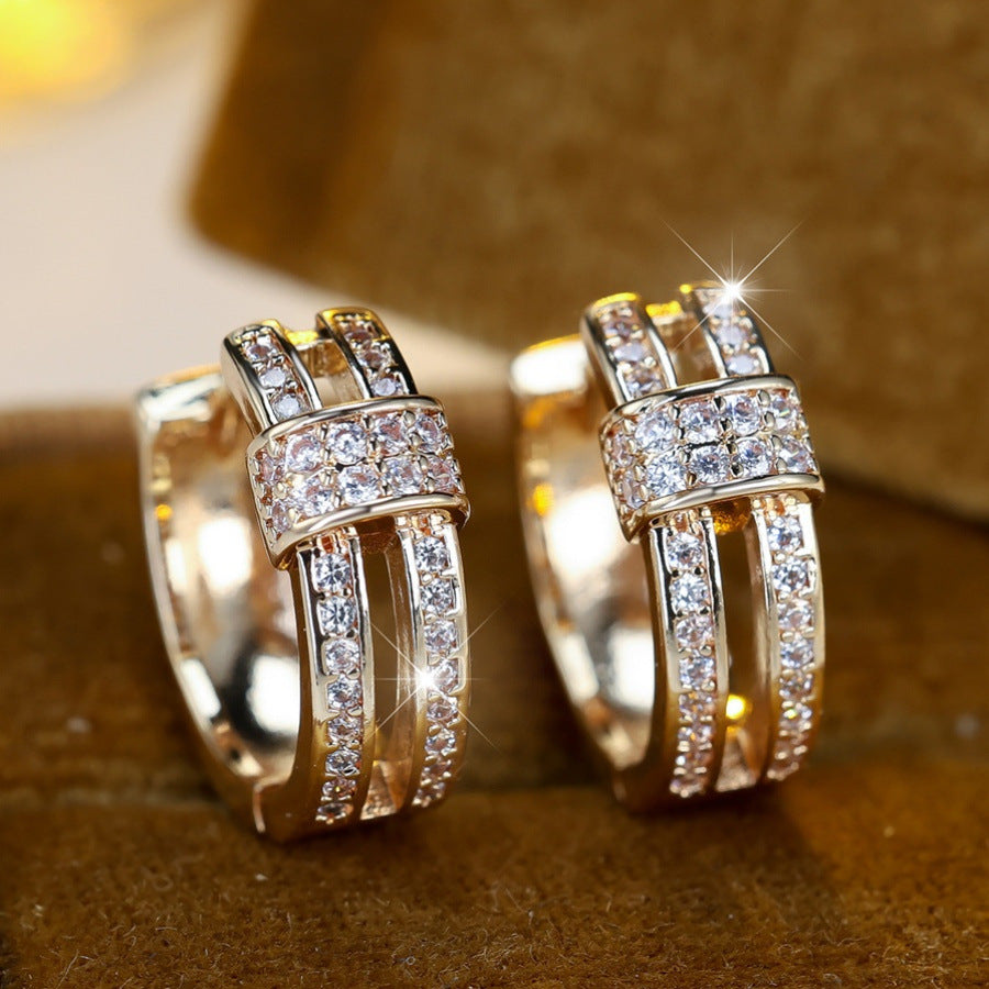 Gold Zircon Hoop Earrings | Light Luxury Geometric Copper Earrings for Women