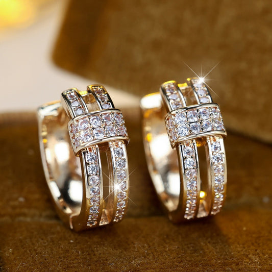 Gold Zircon Hoop Earrings | Light Luxury Geometric Copper Earrings for Women