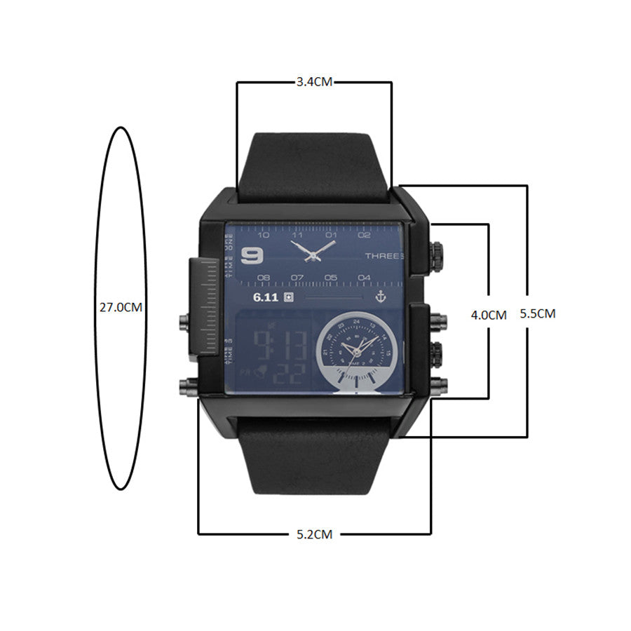 Men's Dual Display Sport Watch – 3 Time Zones, Alarm, 30M Water Resistant