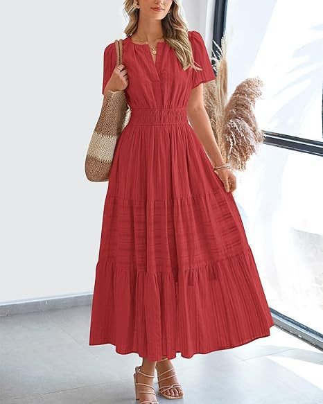 Women's V-Neck Pleated Puff Sleeve Maxi Dress