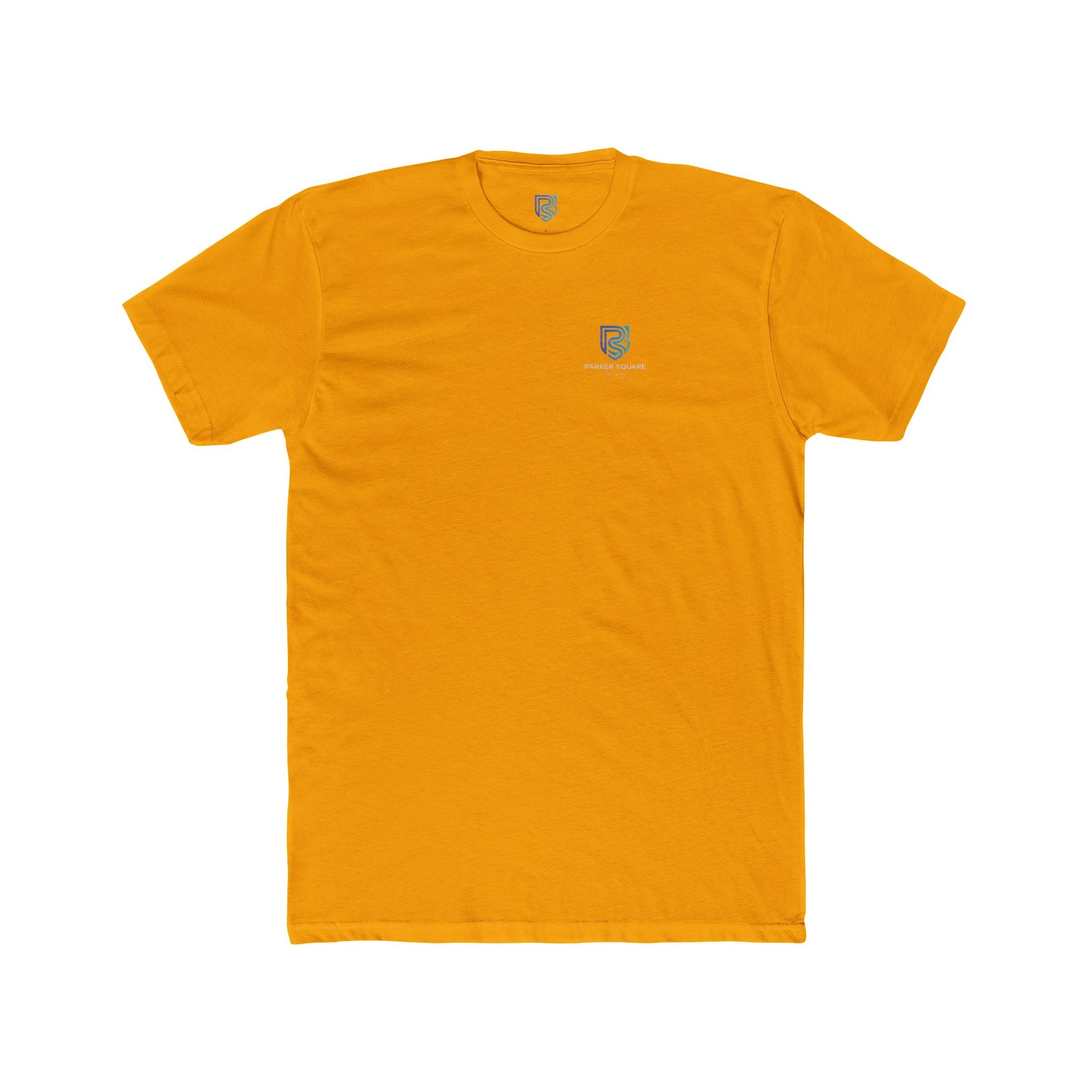 Orange t-shirt with a small logo on a white background
