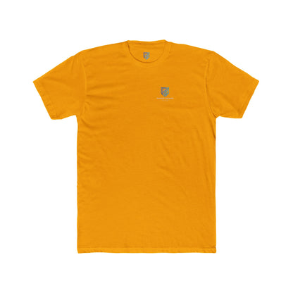Orange t-shirt with a small logo on a white background