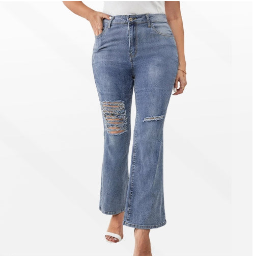 Women's Plus Size Distressed Flared Jeans - Dark Blue, 1XL-5XL