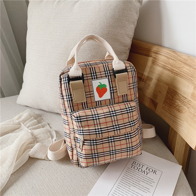 Kids' Checked Canvas Mini Backpack – Waterproof Multi-Pocket School Bag