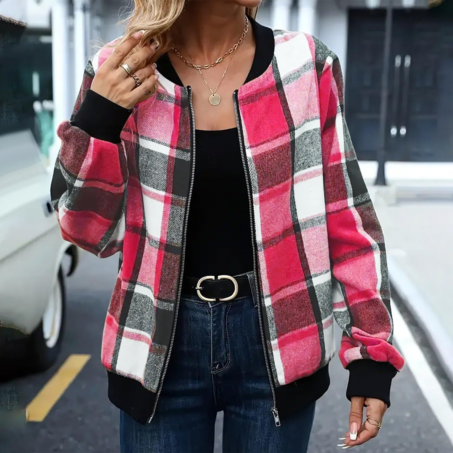 Women's Plaid Zip-Up Baseball Jacket – 8 Colours, Sizes S–XXL