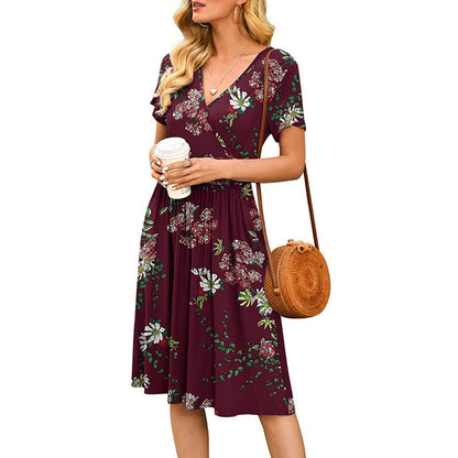 Women's Printed Midi Dress – High Waist, V-Neck & Pocket | S–3XL