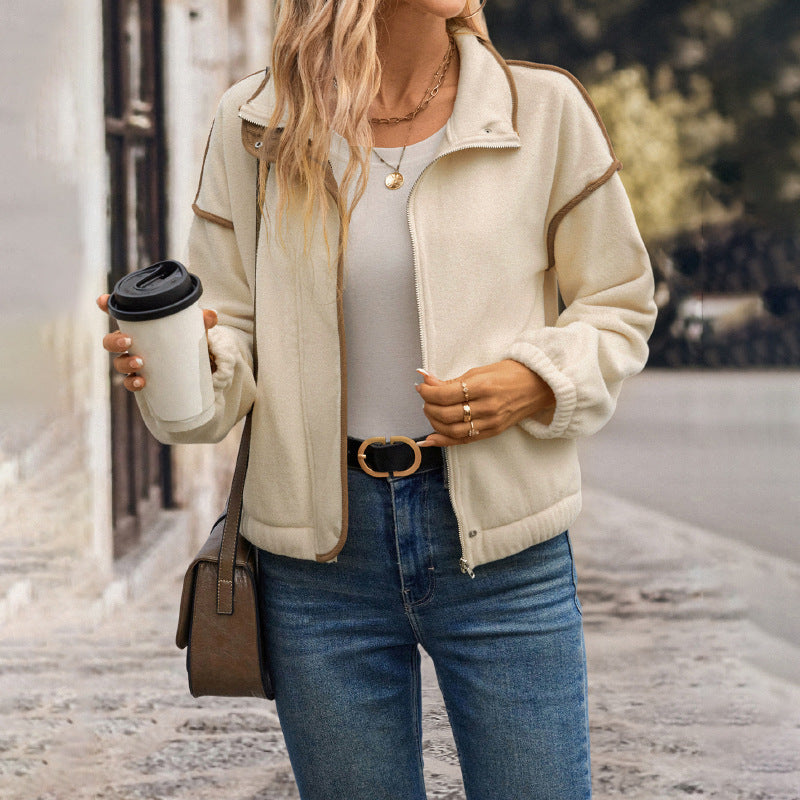 Women's Fleece Contrast-Trim Cardigan Jacket – Apricot